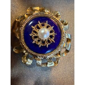 Vintage Florentine Style Gold Ribbon Brooch Blue Cabochon Faux Pearl Pin